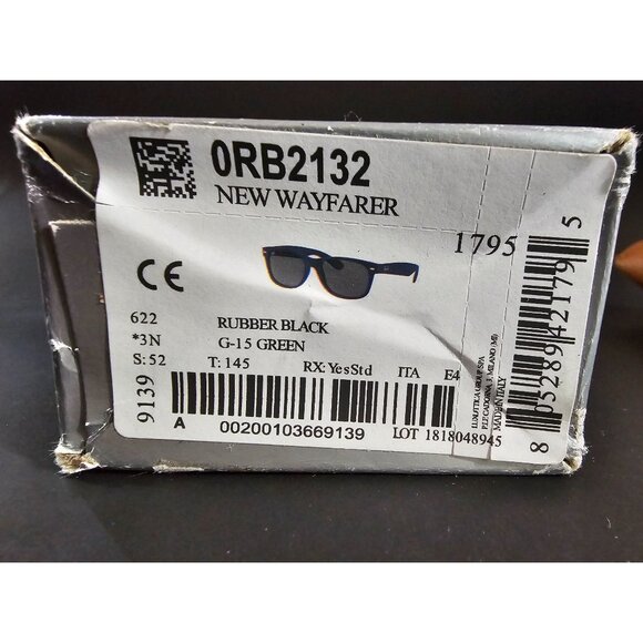 Ray-Ban‎ New Wayfarer 52-18mm Rubber Black Sunglasses With G-15 Green Lenses